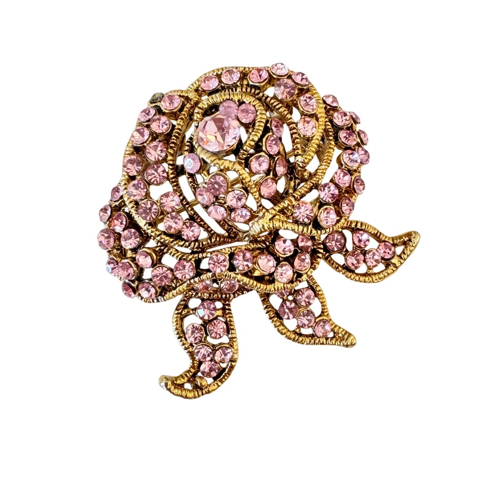 Vintage Pink‎ Rhinestone Rose Brooch Gold Tone Floral Statement Jewelry Coquette